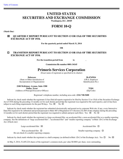 Thumbnail Primoris Services Corporation
 Quarterly Report 2014-q1