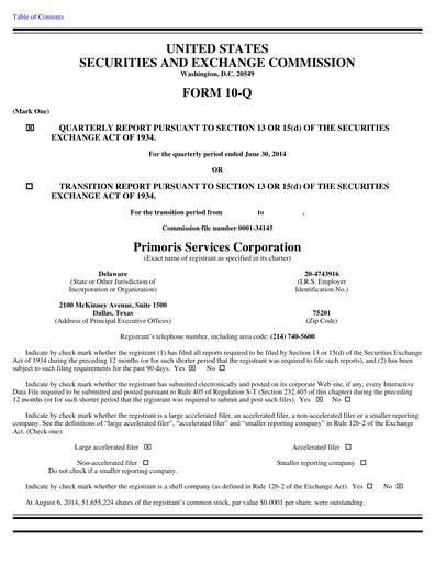 Thumbnail Primoris Services Corporation
 Quarterly Report 2014-q2
