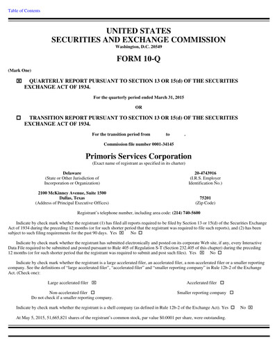Thumbnail Primoris Services Corporation
 Quarterly Report 2015-q1