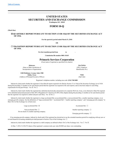 Thumbnail Primoris Services Corporation
 Quarterly Report 2018-q1