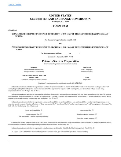 Thumbnail Primoris Services Corporation
 Quarterly Report 2018-q2