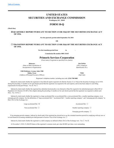 Thumbnail Primoris Services Corporation
 Quarterly Report 2018-q3