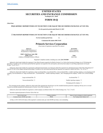 Thumbnail Primoris Services Corporation
 Quarterly Report 2019-q1