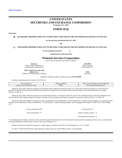 Thumbnail Primoris Services Corporation
 Quarterly Report 2020-q1