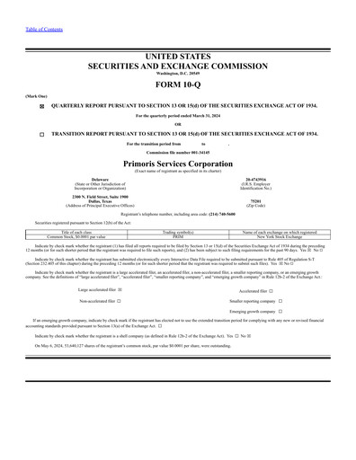 Thumbnail Primoris Services Corporation
 Quarterly Report 2024-q1