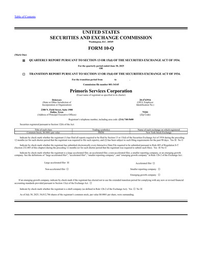 Thumbnail Primoris Services Corporation
 Quarterly Report 2025-q2