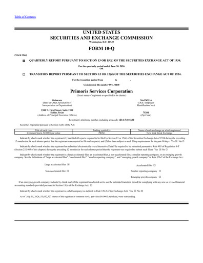 Thumbnail Primoris Services Corporation
 Quarterly Report 2026-q2