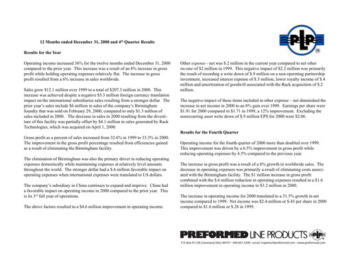 Thumbnail Preformed Line Products Quarterly Report 2000-q4
