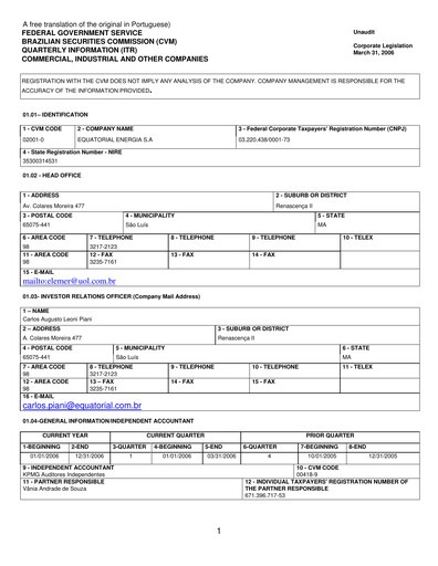 Miniature Equatorial Energia Rapport trimestriel 2006-q1