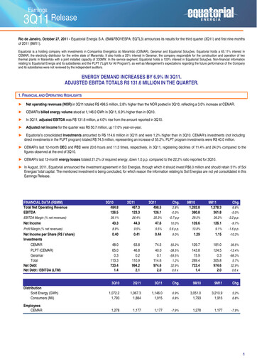 Miniature Equatorial Energia Rapport trimestriel 2011-q3