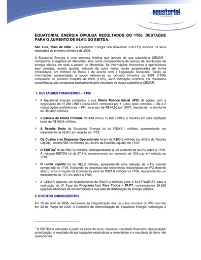 Miniature Equatorial Energia Rapport trimestriel 2006-q1