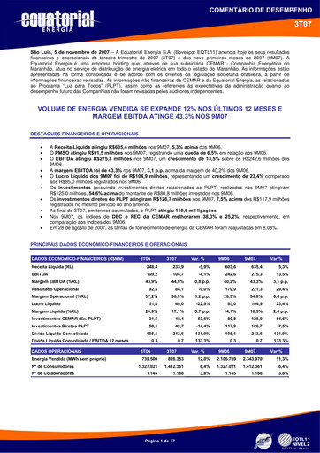 Miniature Equatorial Energia Rapport trimestriel 2007-q3