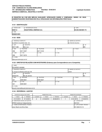 Miniature Equatorial Energia Rapport trimestriel 2010-q2