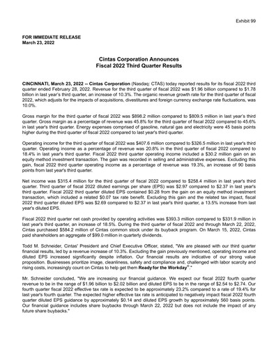 Thumbnail Cintas Quarterly Report 2022-q3