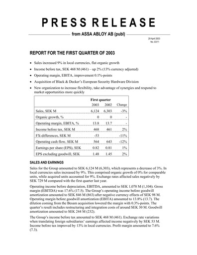 Thumbnail Assa Abloy
 Quarterly Report 2003-q1
