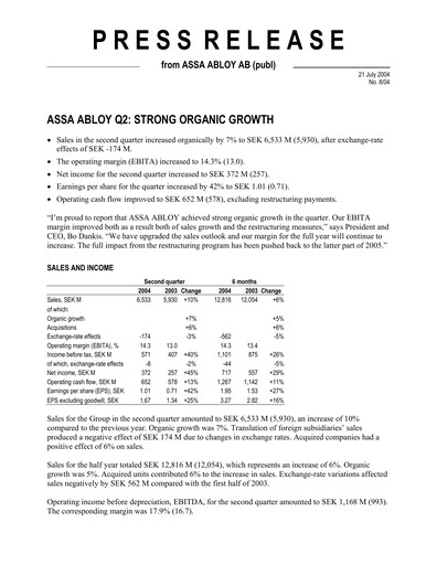 Thumbnail Assa Abloy
 Quarterly Report 2004-q2