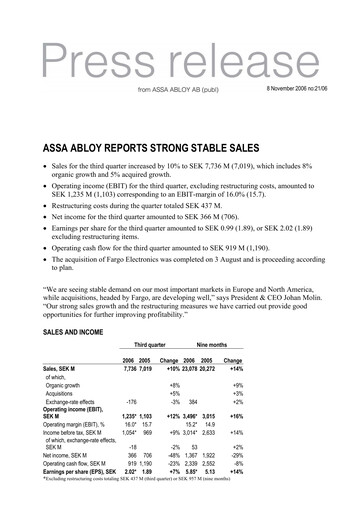 Thumbnail Assa Abloy
 Quarterly Report 2006-q3
