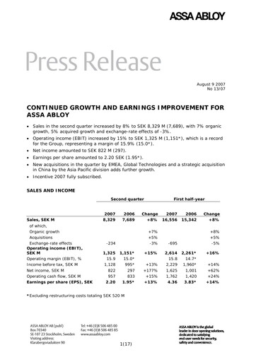 Thumbnail Assa Abloy
 Quarterly Report 2007-q2