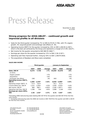 Thumbnail Assa Abloy
 Quarterly Report 2007-q3