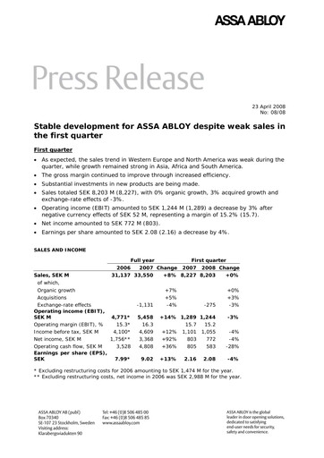 Thumbnail Assa Abloy
 Quarterly Report 2008-q1