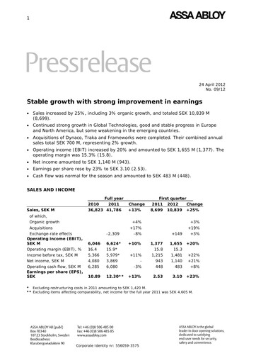 Thumbnail Assa Abloy
 Quarterly Report 2012-q1