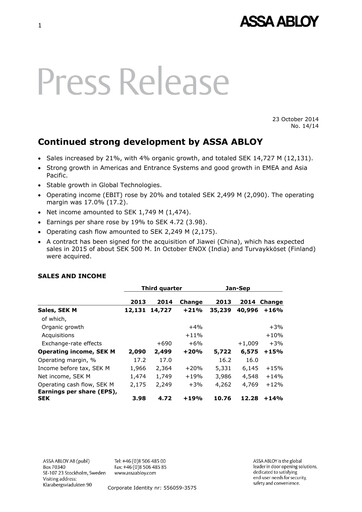 Thumbnail Assa Abloy
 Quarterly Report 2014-q3