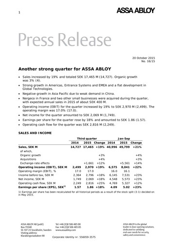 Thumbnail Assa Abloy
 Quarterly Report 2015-q3