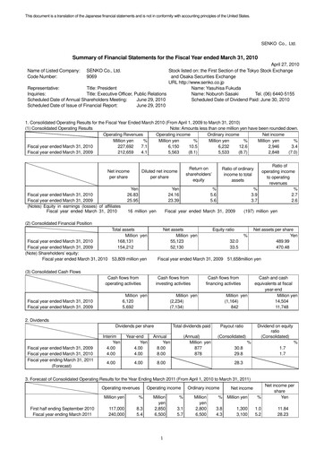 Vorschaubild SENKO Group Holdings Finanzmitteilung 2010