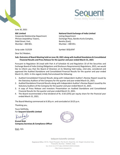 Thumbnail Sequent Scientific Financial Statement 2020-2021