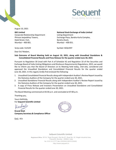 Thumbnail Sequent Scientific Quarterly Report 2021-q1
