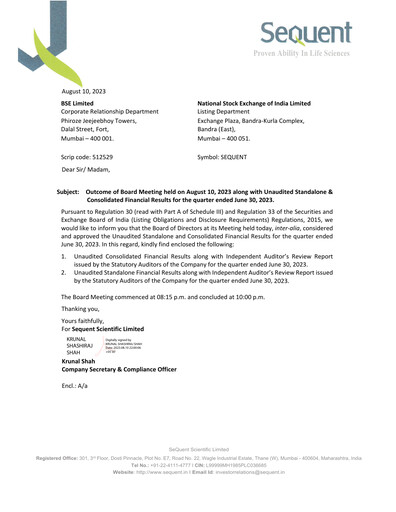 Thumbnail Sequent Scientific Quarterly Report 2023-q1