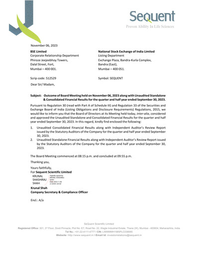 Thumbnail Sequent Scientific Quarterly Report 2023-q2