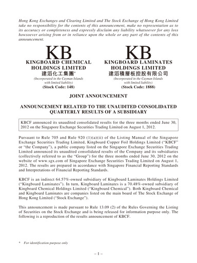 Miniature Kingboard Holdings Rapport trimestriel 2012-q2