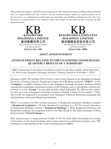 Miniature Kingboard Holdings Rapport trimestriel 2018-q3