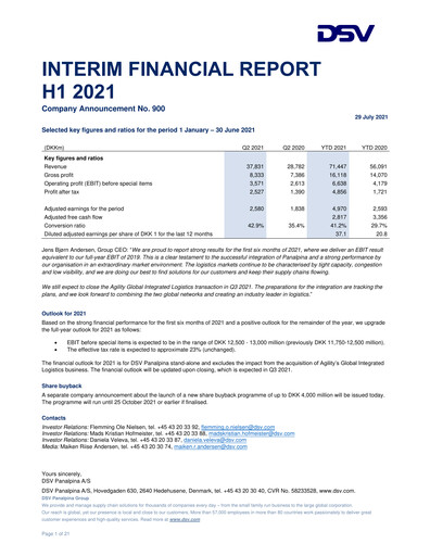 Thumbnail DSV Half-year Report 2021-h1