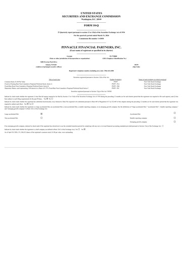 Thumbnail Pinnacle Financial Partners
 Quarterly Report 2026-q1
