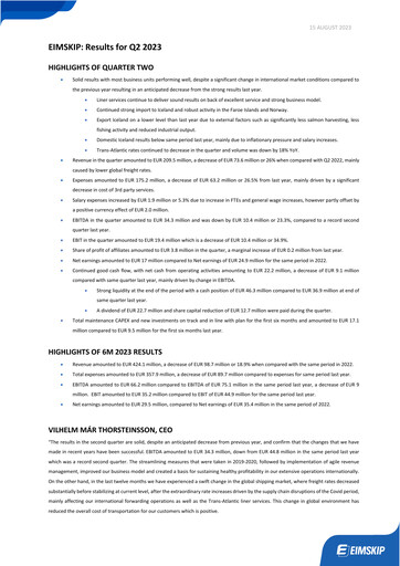 Vorschaubild Eimskipafélag Íslands Quartalsbericht 2023-q2