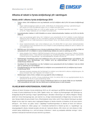 Thumbnail Eimskipafélag Íslands Quarterly Report 2019-q1