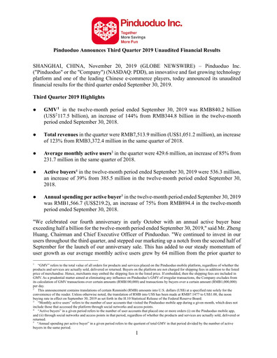 Thumbnail PDD Holdings (Pinduoduo) Financial Statement 2019-q3