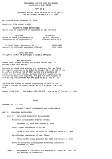 Thumbnail Pilgrim's Pride
 Quarterly Report 1995-q1