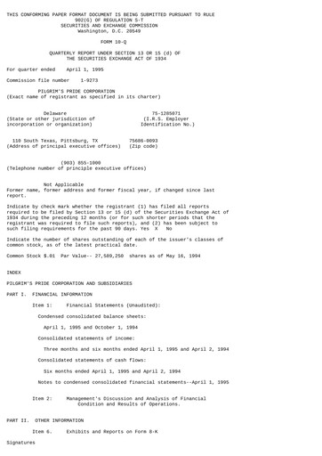 Thumbnail Pilgrim's Pride
 Quarterly Report 1995-q2