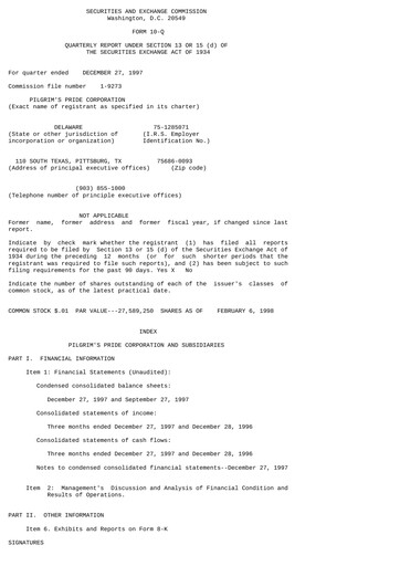 Thumbnail Pilgrim's Pride
 Quarterly Report 1998-q1