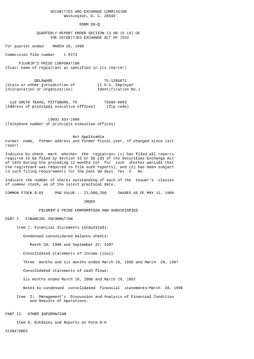 Thumbnail Pilgrim's Pride
 Quarterly Report 1998-q2