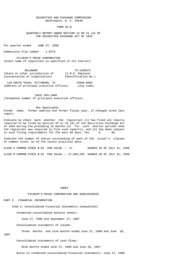 Thumbnail Pilgrim's Pride
 Quarterly Report 1998-q3