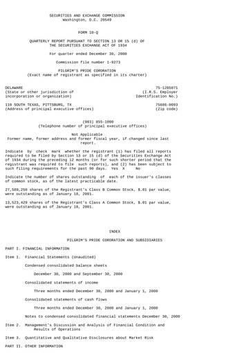 Thumbnail Pilgrim's Pride
 Quarterly Report 2001-q1