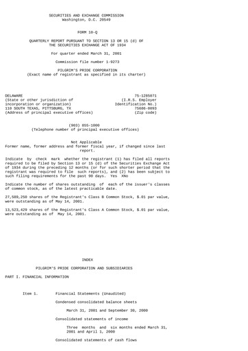 Thumbnail Pilgrim's Pride
 Quarterly Report 2001-q2