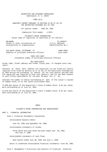 Thumbnail Pilgrim's Pride
 Quarterly Report 2001-q3