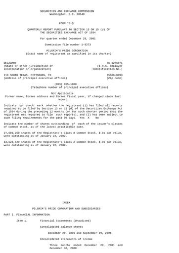 Thumbnail Pilgrim's Pride
 Quarterly Report 2002-q1