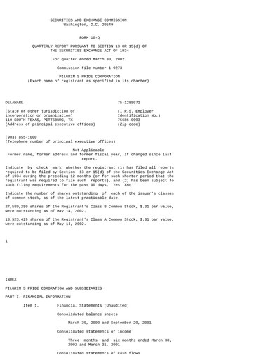 Thumbnail Pilgrim's Pride
 Quarterly Report 2002-q2