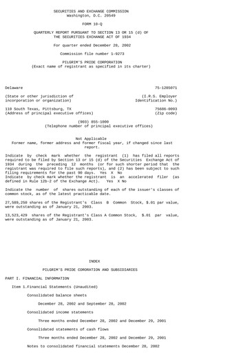 Thumbnail Pilgrim's Pride
 Quarterly Report 2003-q1